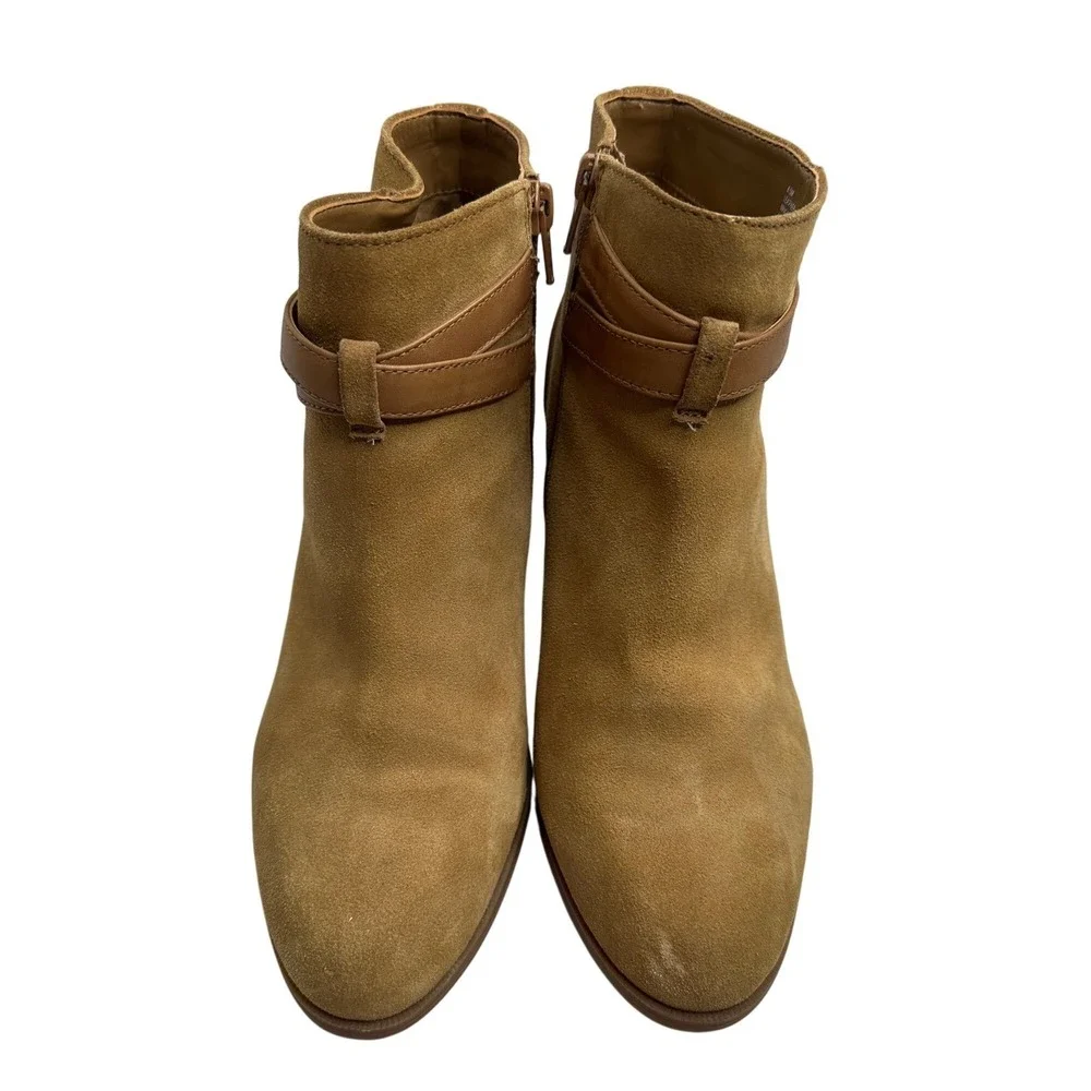 Alex Marie Womens Tan Suede Ankle Boots Buckle Strap Pointed Toe Block Heel 8.5M